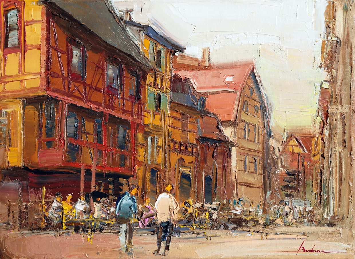 Oil painting of a city street with historic façades by Mykola Bodnar